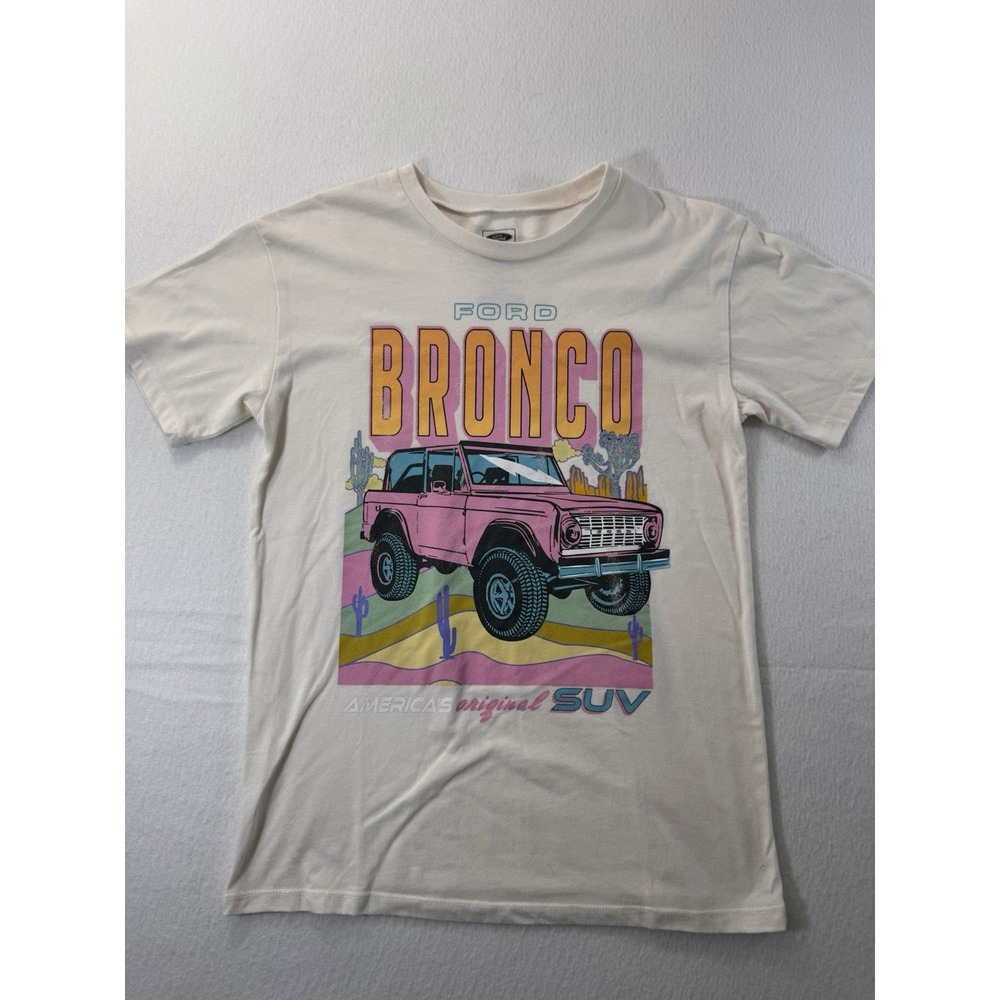 Ford Bronco Graphic T-Shirt Women Small Cream Pink Retro Desert SUV Tee RN150181